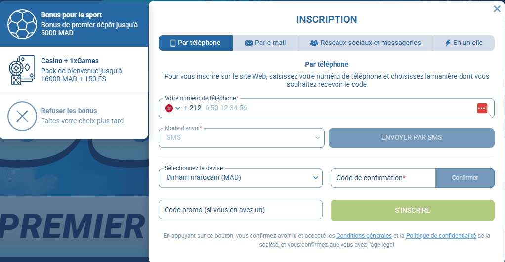 Écran d’inscription 1xBet avec indicatif téléphonique Maroc, devise en dirham marocain (MAD) et offre de bienvenue sport jusqu’à 5 000 MAD