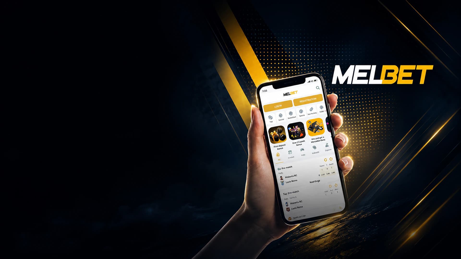 Mise en page web type bookmaker Melbet avec mock-up téléphone et panneau marketing — image illustrative de en-tête