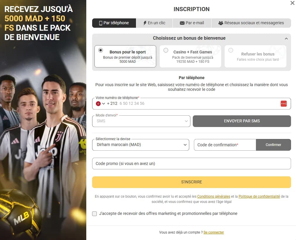 Écran d’inscription Melbet en français avec Maroc +212, dirham marocain (MAD) et libellé bonus sport jusqu’à 5 000 MAD